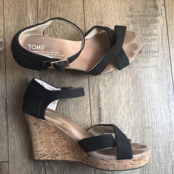 Toms Canvas Strappy Wedge Sandals Black Size 8 - Picture 2 of 10